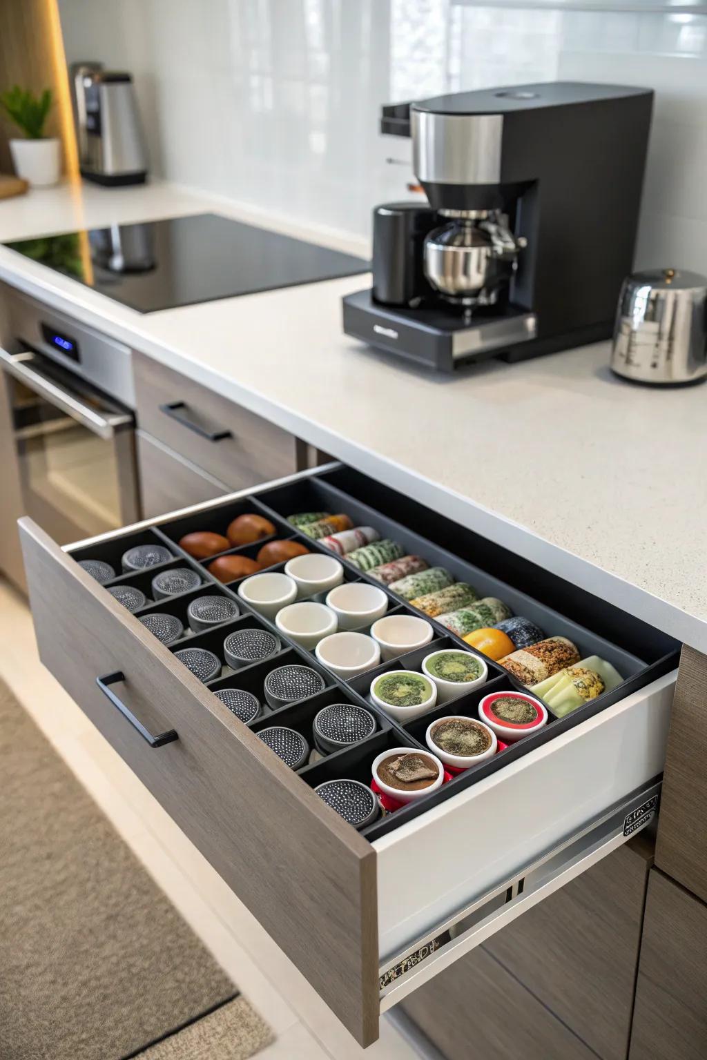 A designated tray for coffee capsules ensures your preferred choices are always accessible.