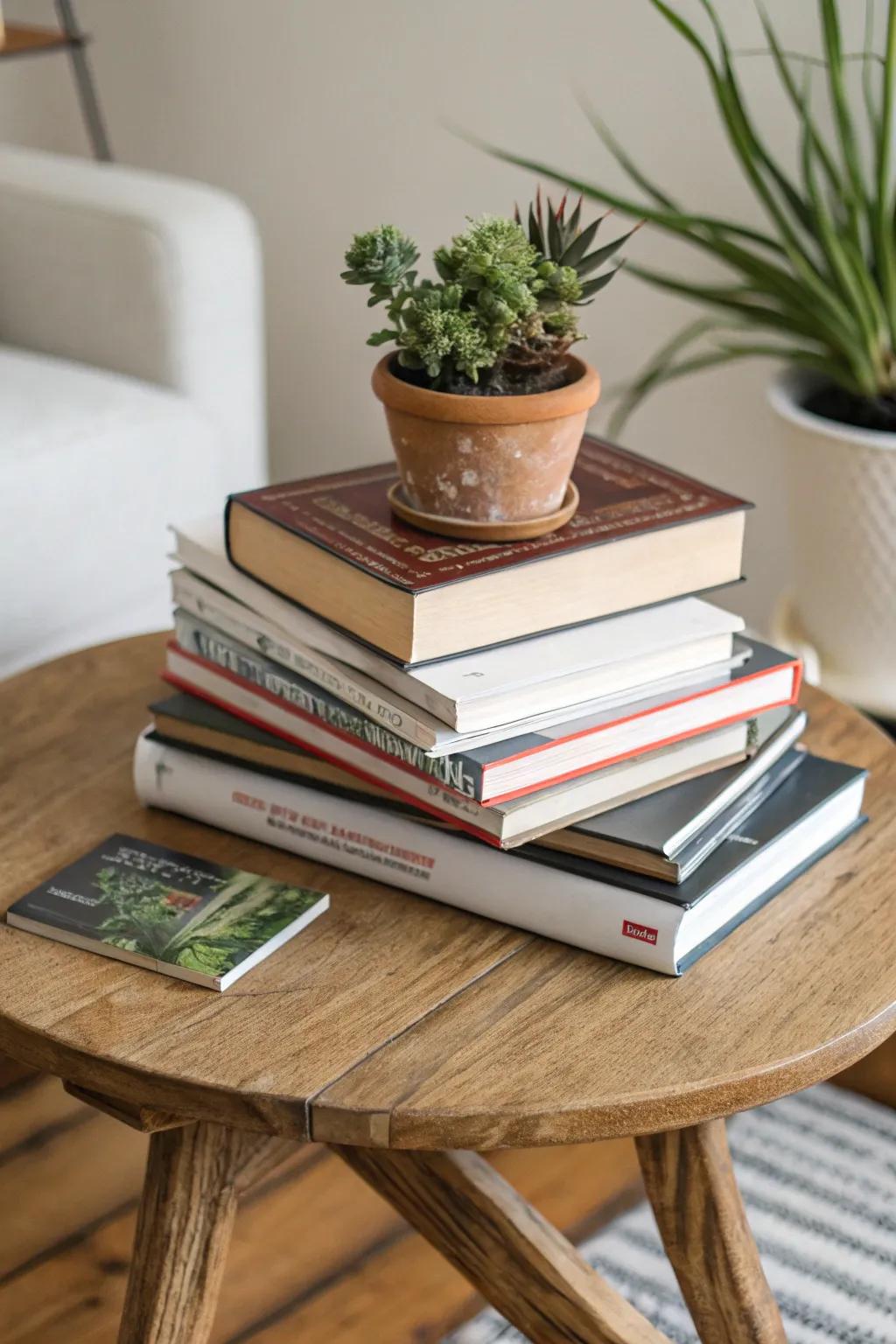 Imaginatively arrange books of assorted sizes to achieve a lively aesthetic.