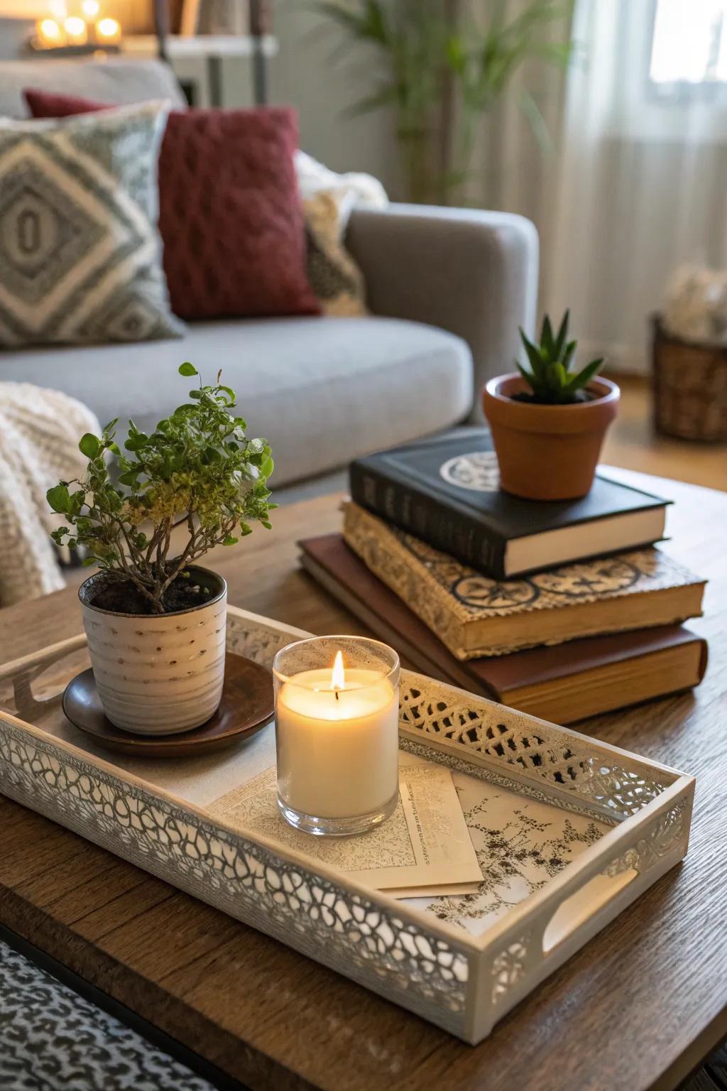 A decorative tray adds style and organization to your coffee table.
