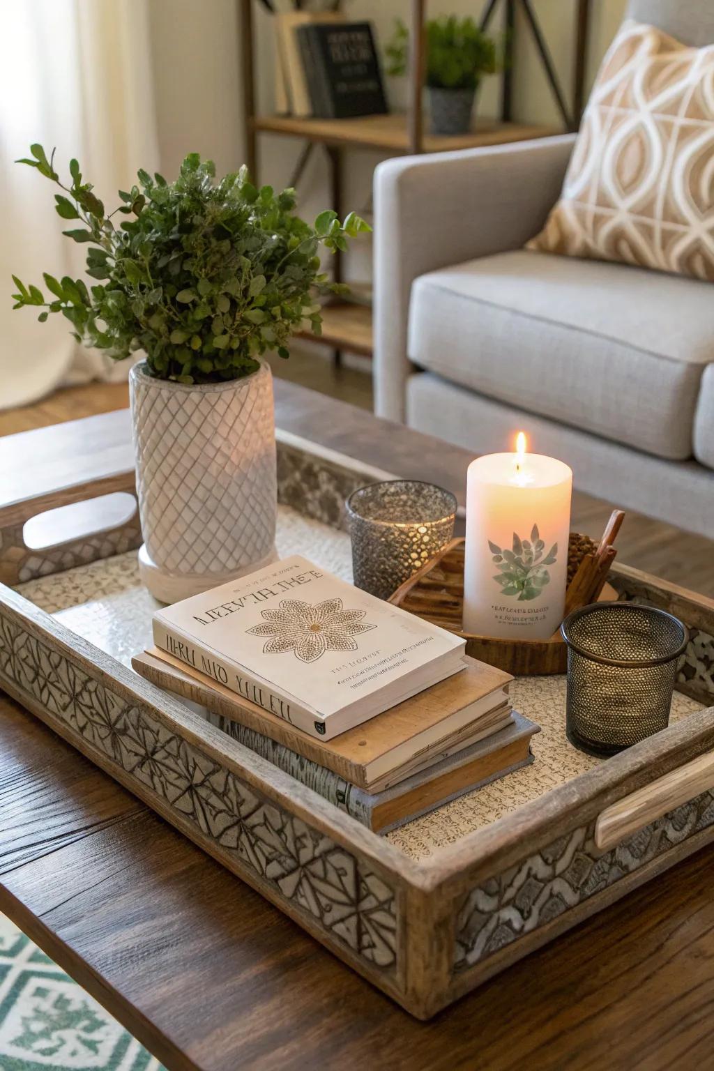 A decorative tray is an excellent base for a neatly styled coffee table arrangement.