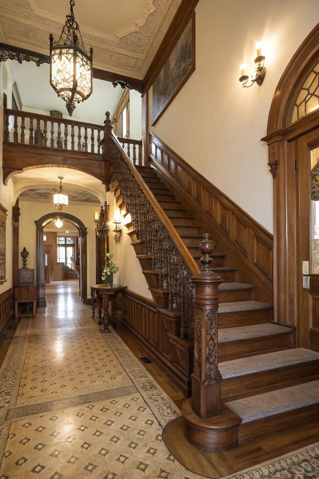 A colonial entryway featuring a prominent wooden staircase with refined handrails.
