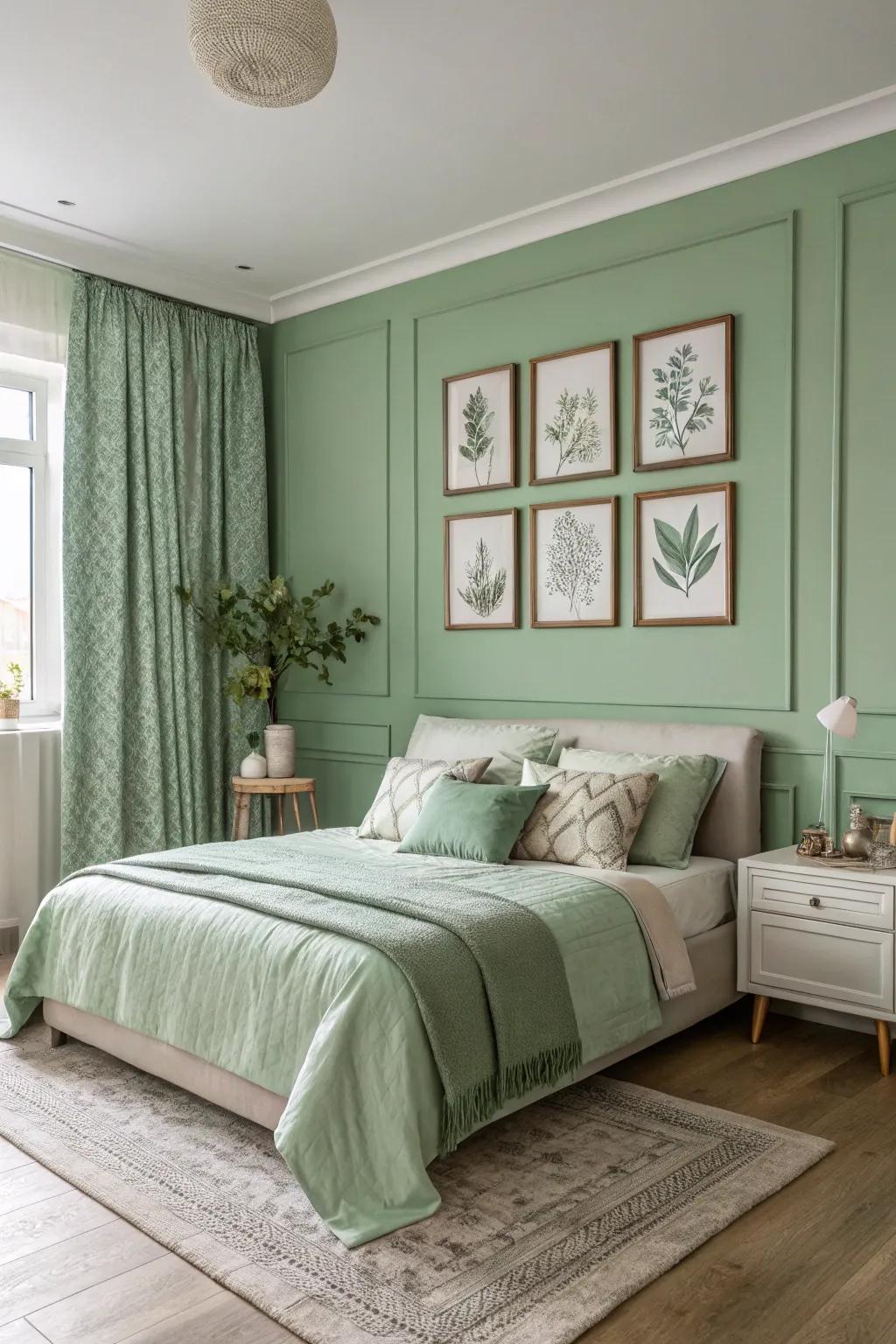 A unified sage green bedroom exemplifies the monochromatic marvel of color drenching.