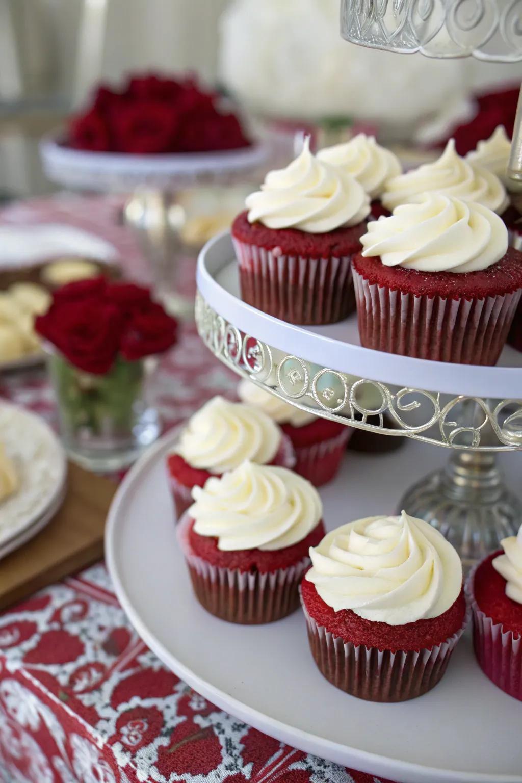 Mouthwatering scarlet velvet cupcakes contributing a burst of color to the dessert display.