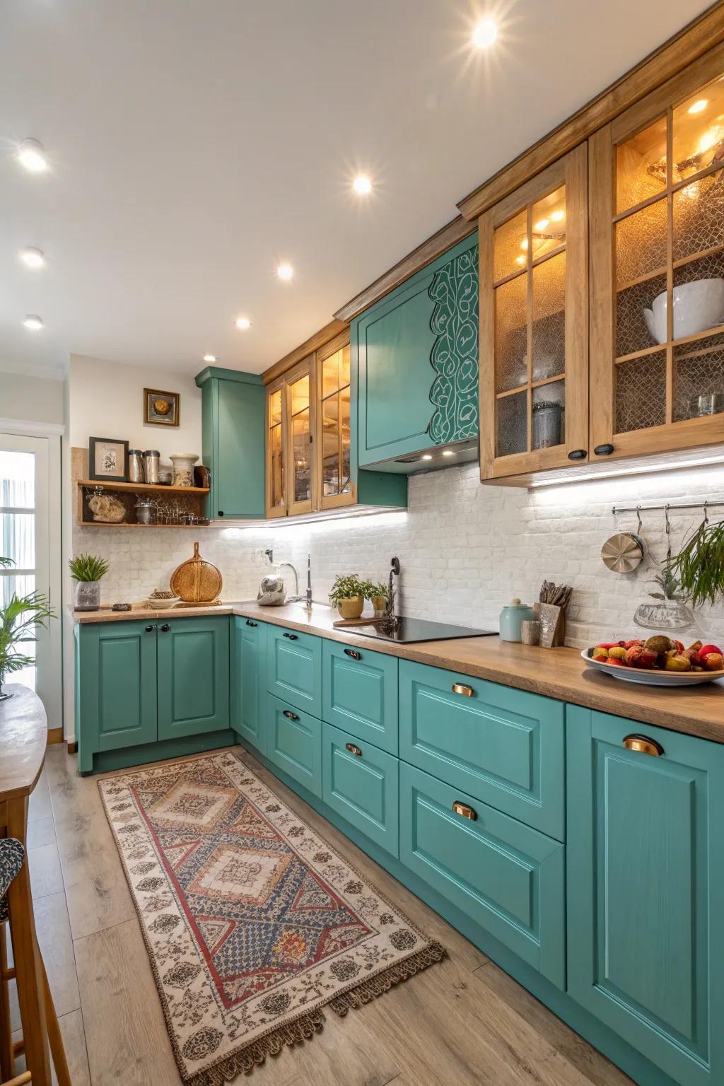 Cerulean cabinets introduce a refreshing splash of color into this culinary space.