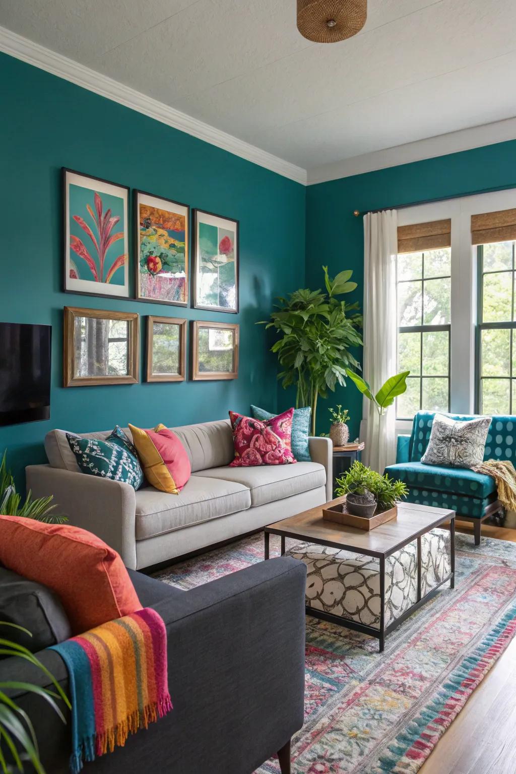 A living room refreshed by a striking aquamarine focal wall and vivid d&eacute;cor.
