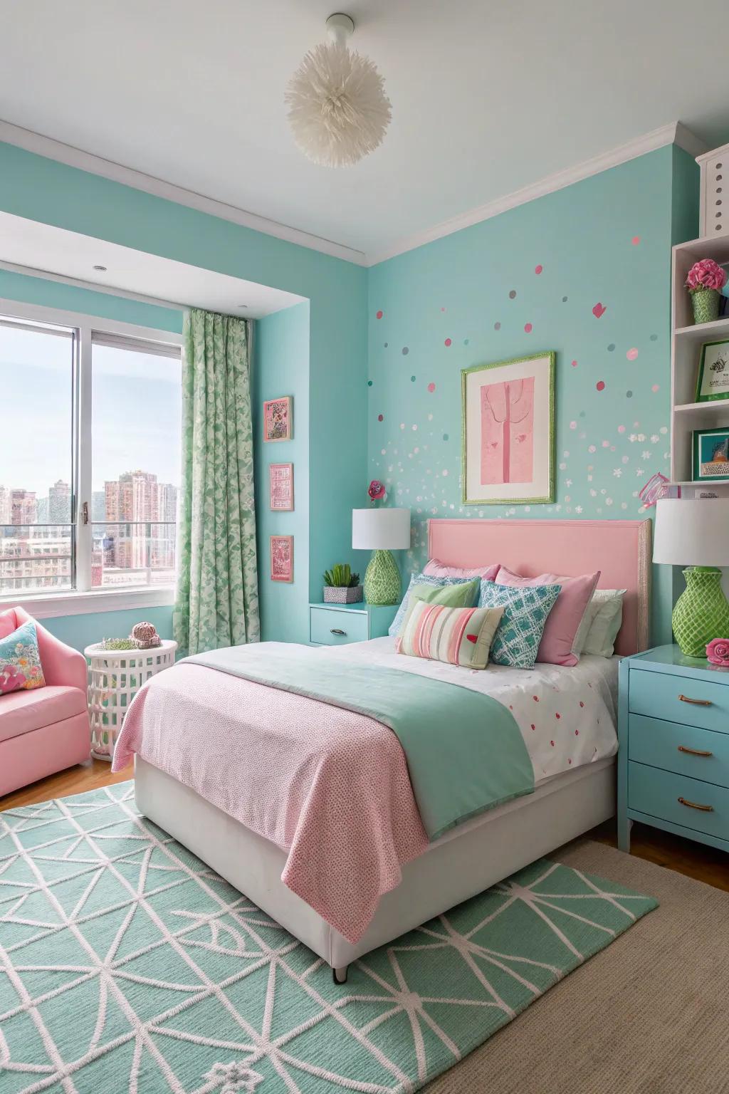 A vibrant color scheme turns this bedroom into a dynamic sanctuary.
