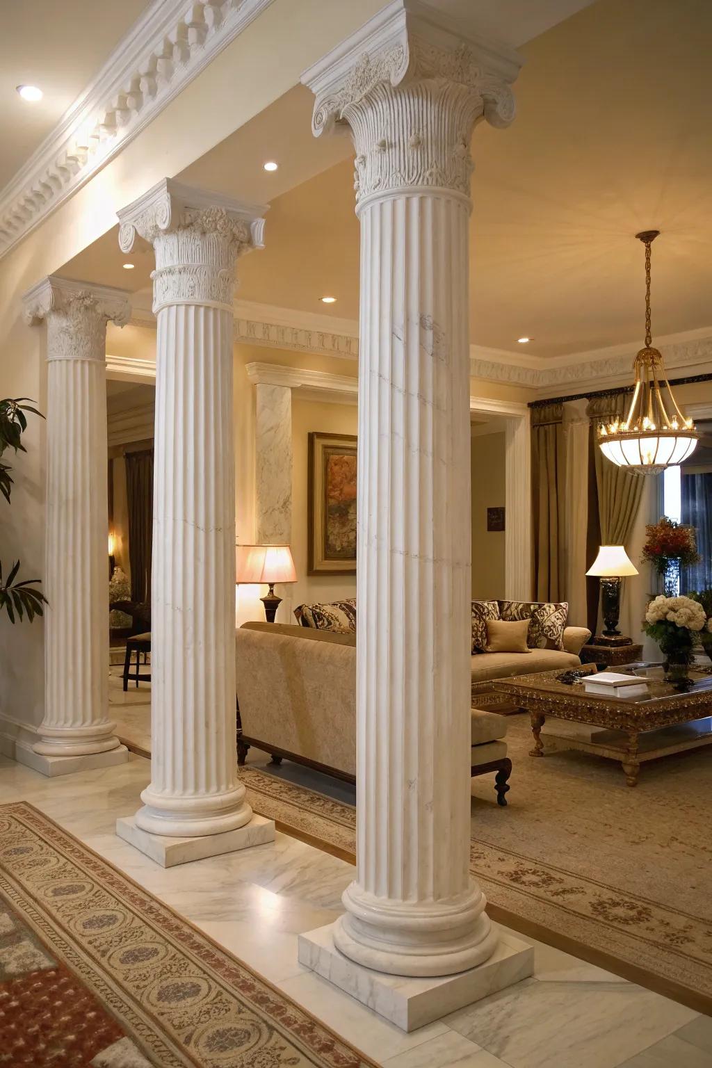 White marble grooved pillars bring classical elegance to a modern living area.