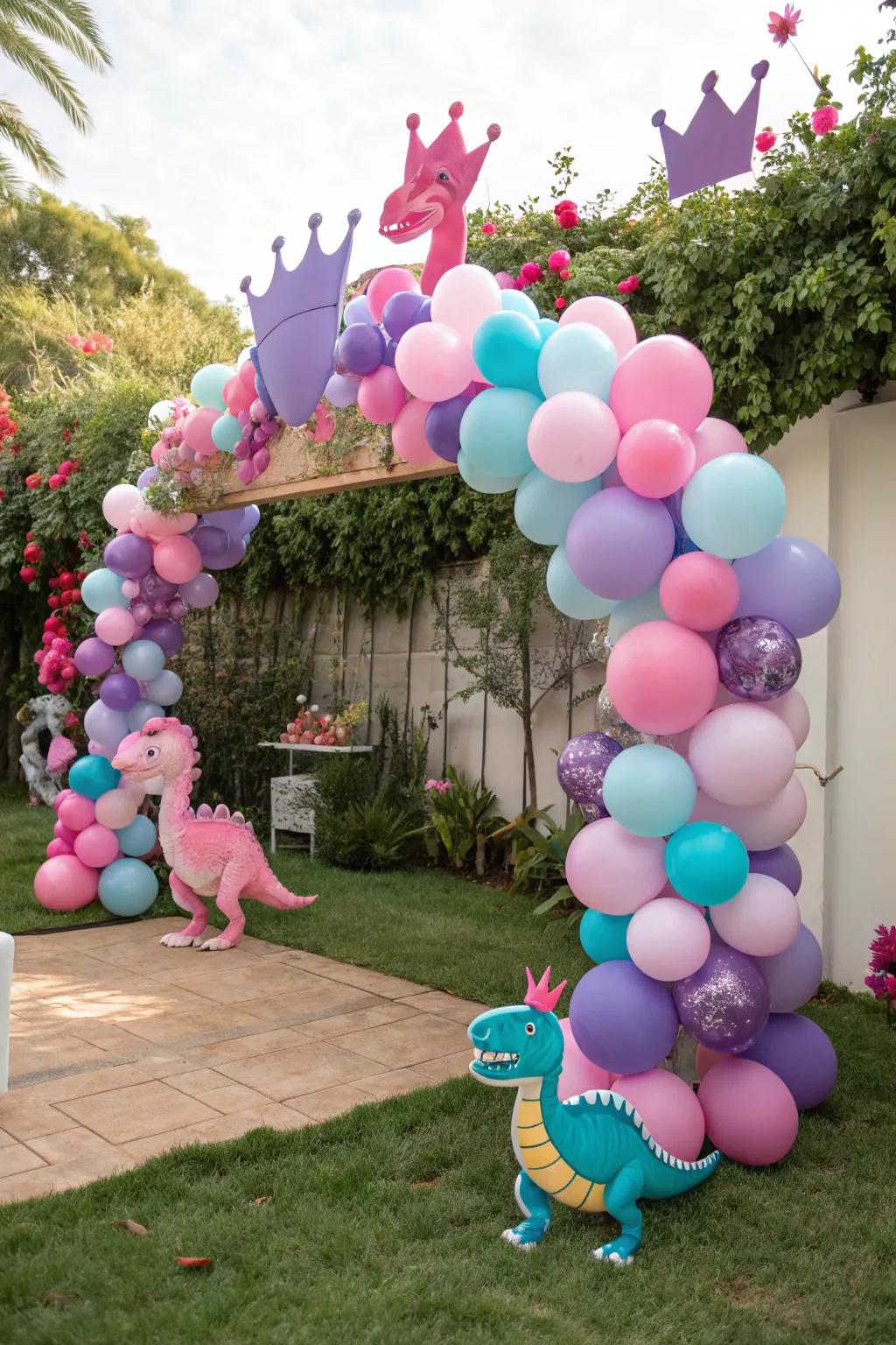 A charming balloon arch bringing together various celebration themes.