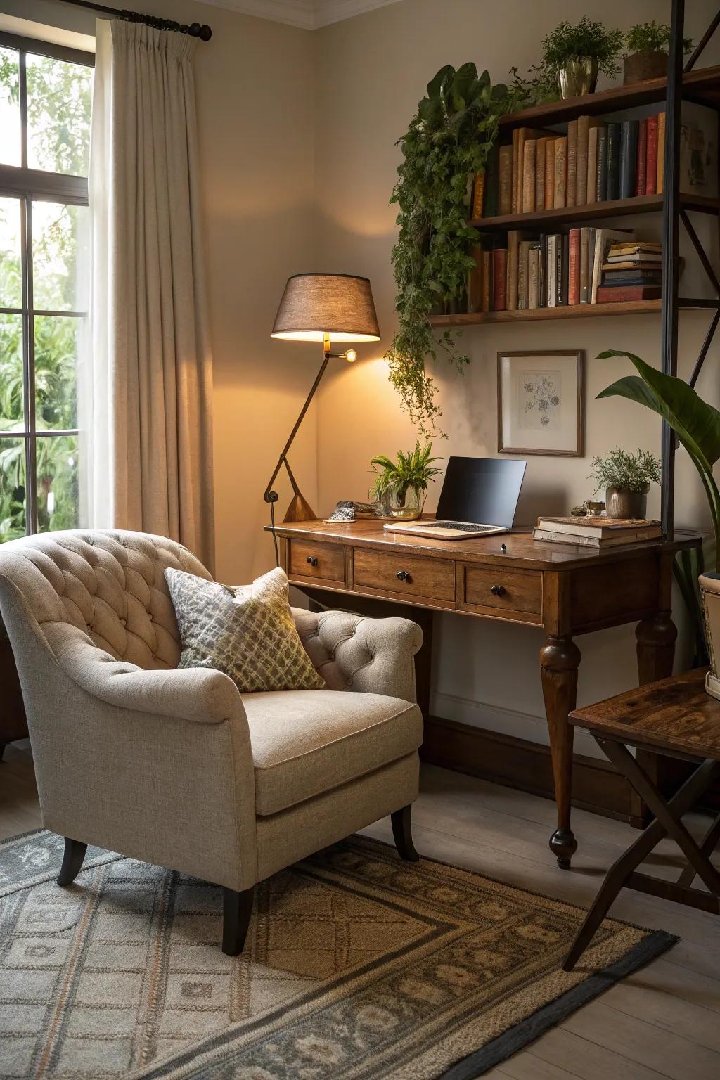 A seamless shift from relaxation to productivity using a sofa-back desk.