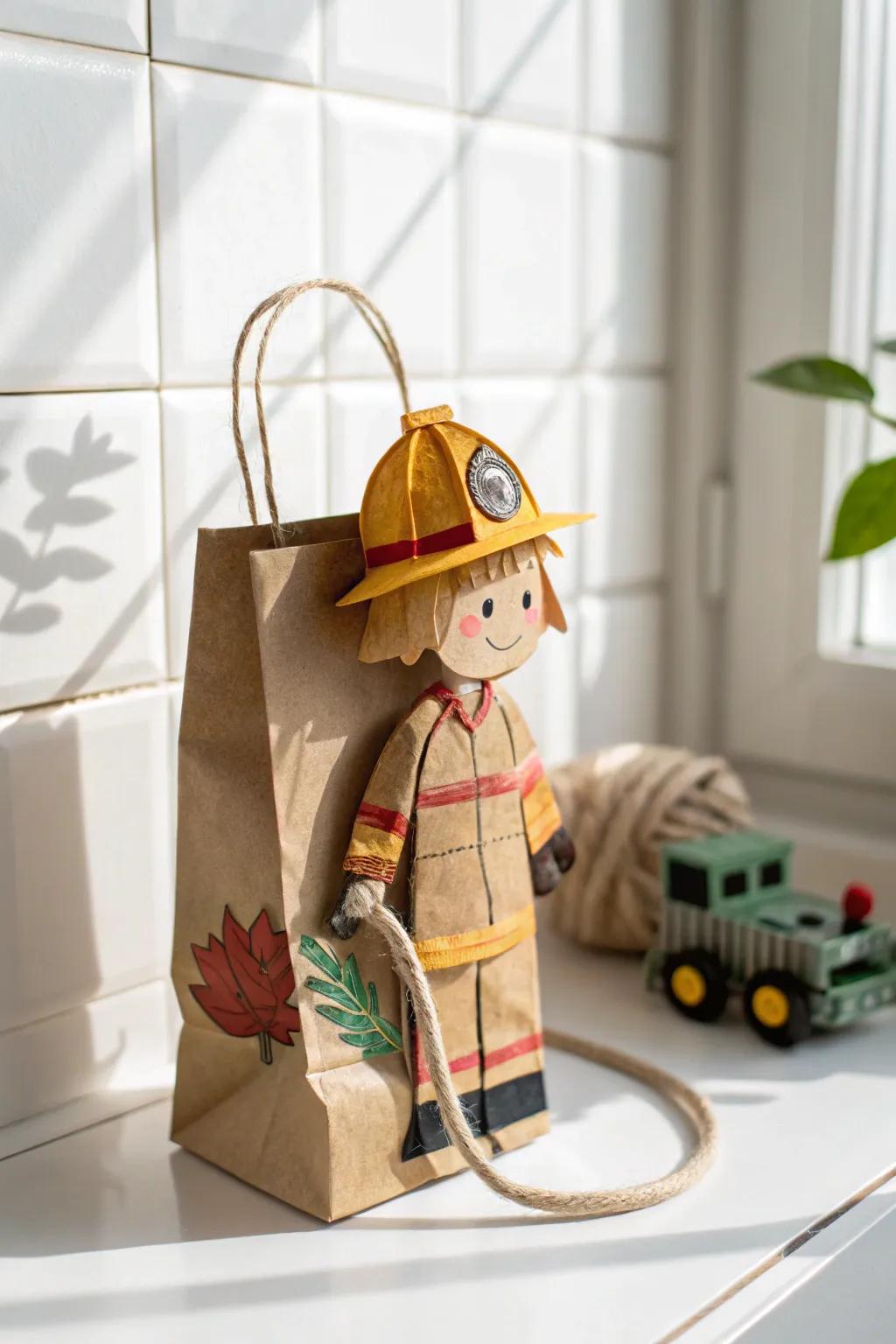 Craft with love: Transform paper bags into endearing firefighter puppets, merging creativity with heartwarming simplicity.