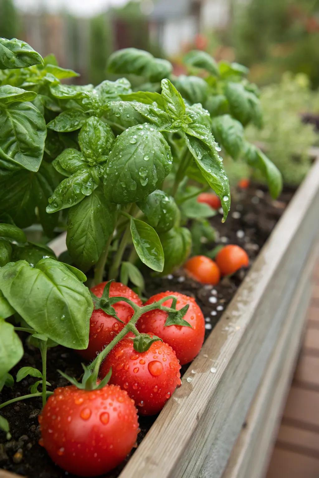 Tomatoes and sweet herbs flourishing in unity, a match made in any garden.