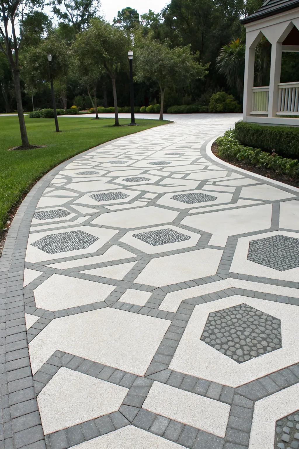 A driveway decorated with geometric designs for a modern appearance.