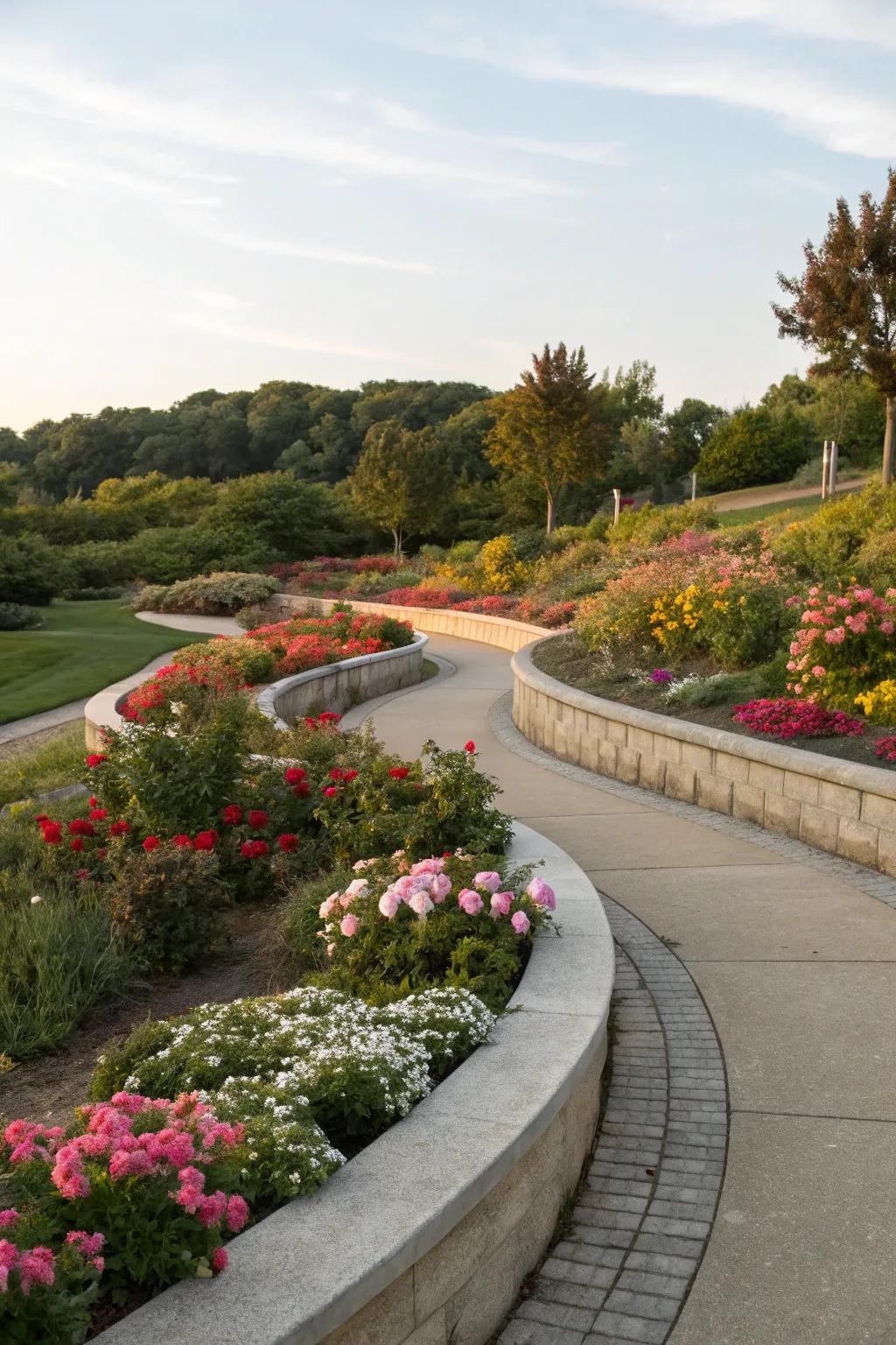 Curved concrete borders smoothly blend the landscape.