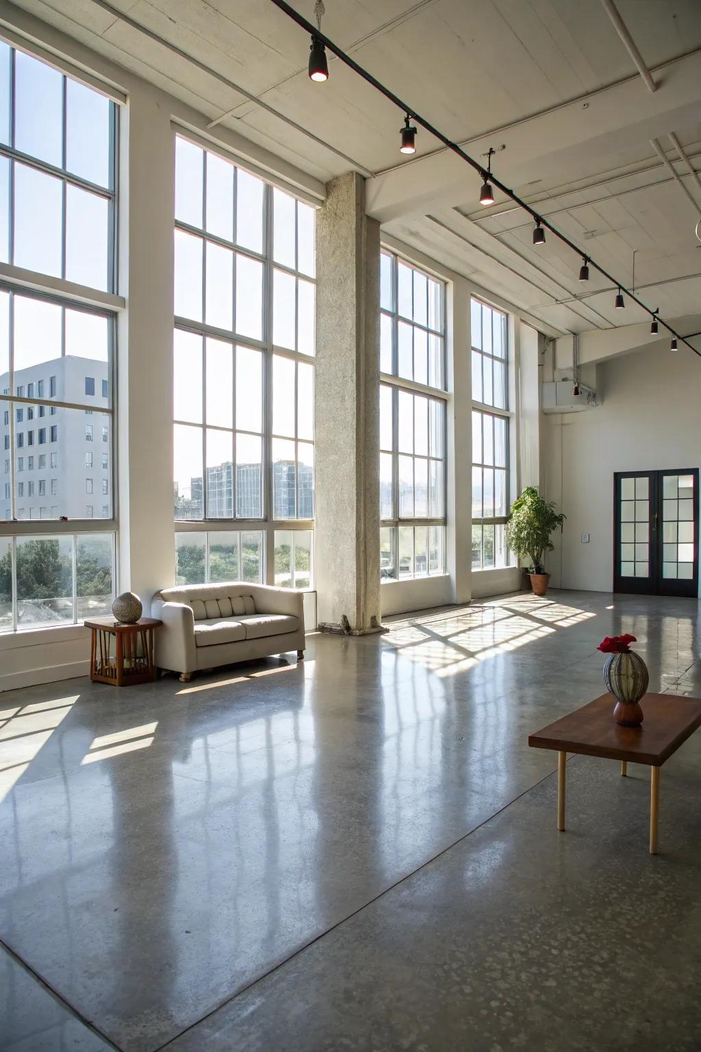 The polished concrete surfaces add a subtle gleam to this spacious area.