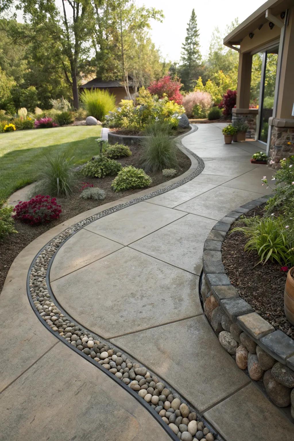 Curved stone borders lend grace and fluidity to a concrete patio.