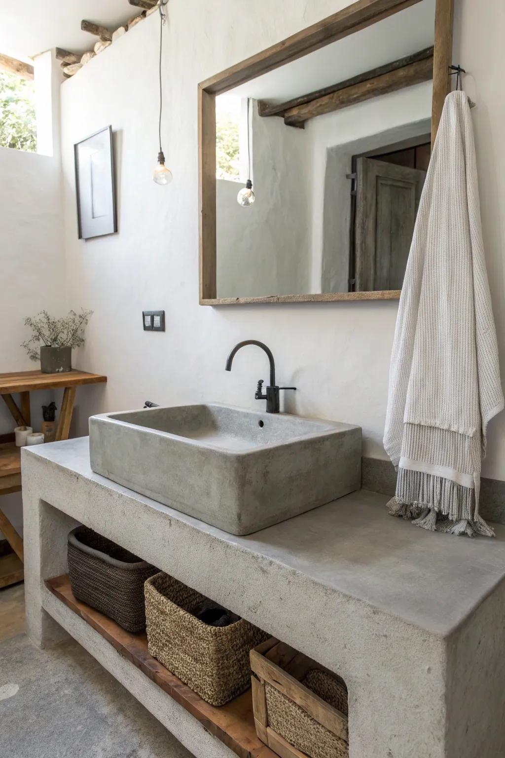 Elegant concrete sink in a minimalist bathroom.