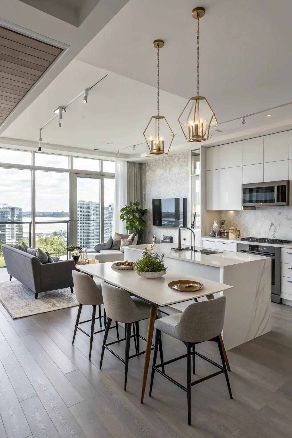 An open arrangement encourages a smooth connection between the kitchen and the living area.