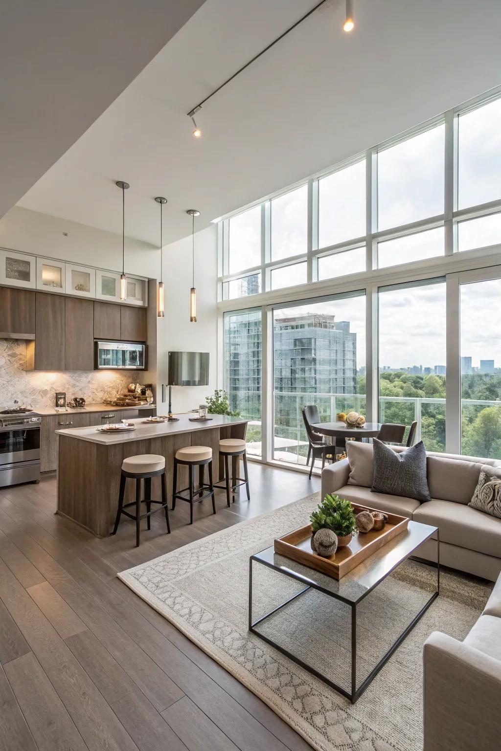 An open-concept condo interior featuring a seamless flow between the kitchen, dining, and living areas.