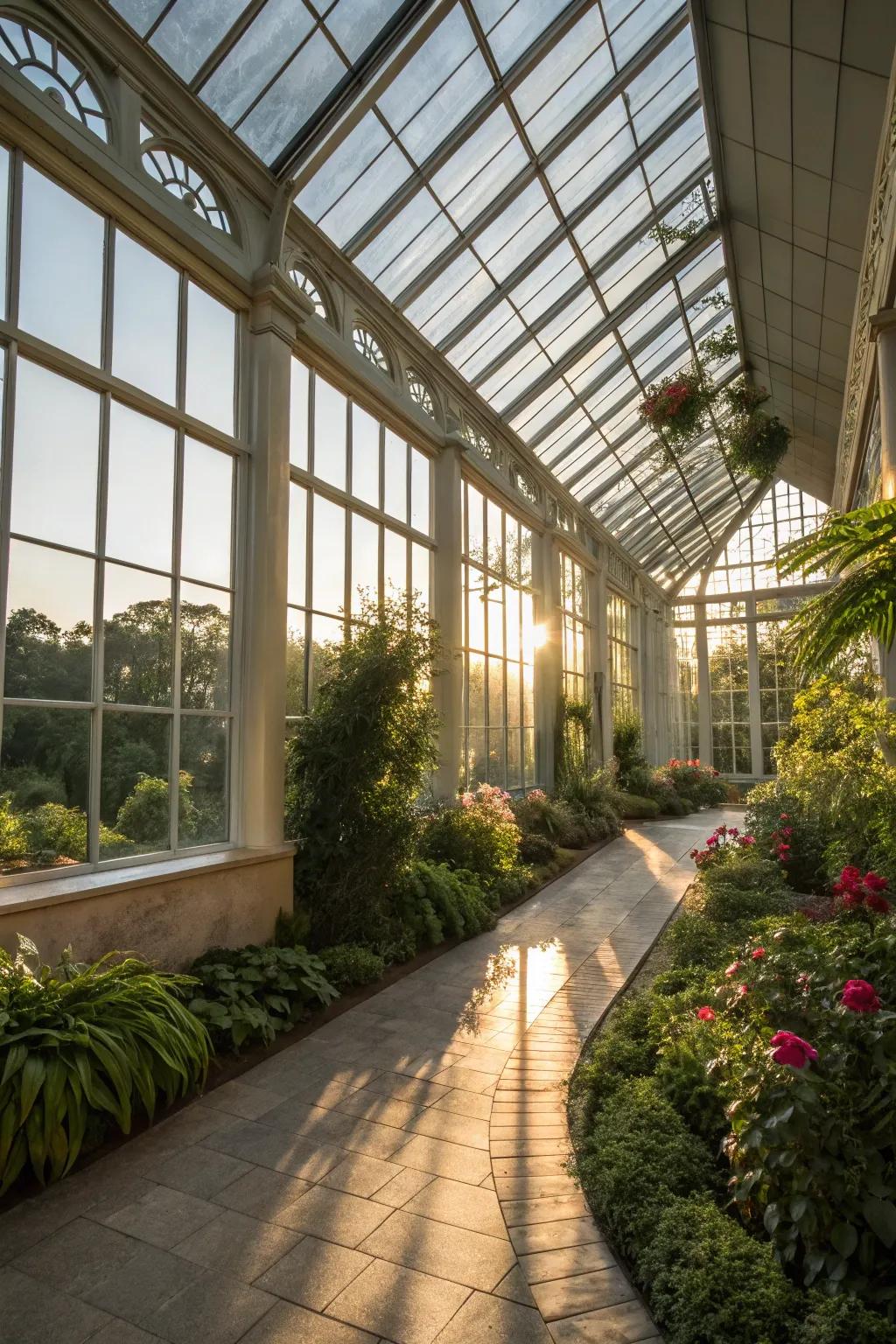 A gorgeous sunroom filled with sunshine streaming through the glass windows and roof.