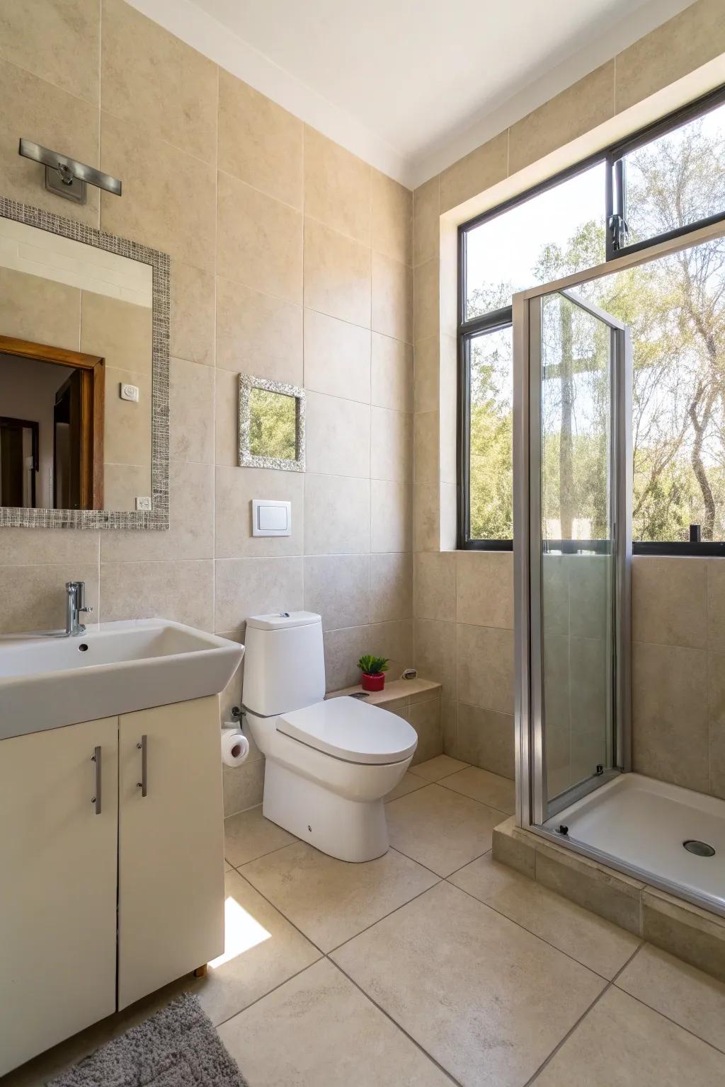 Simple bathroom offering sleek designs and a spacious impression.