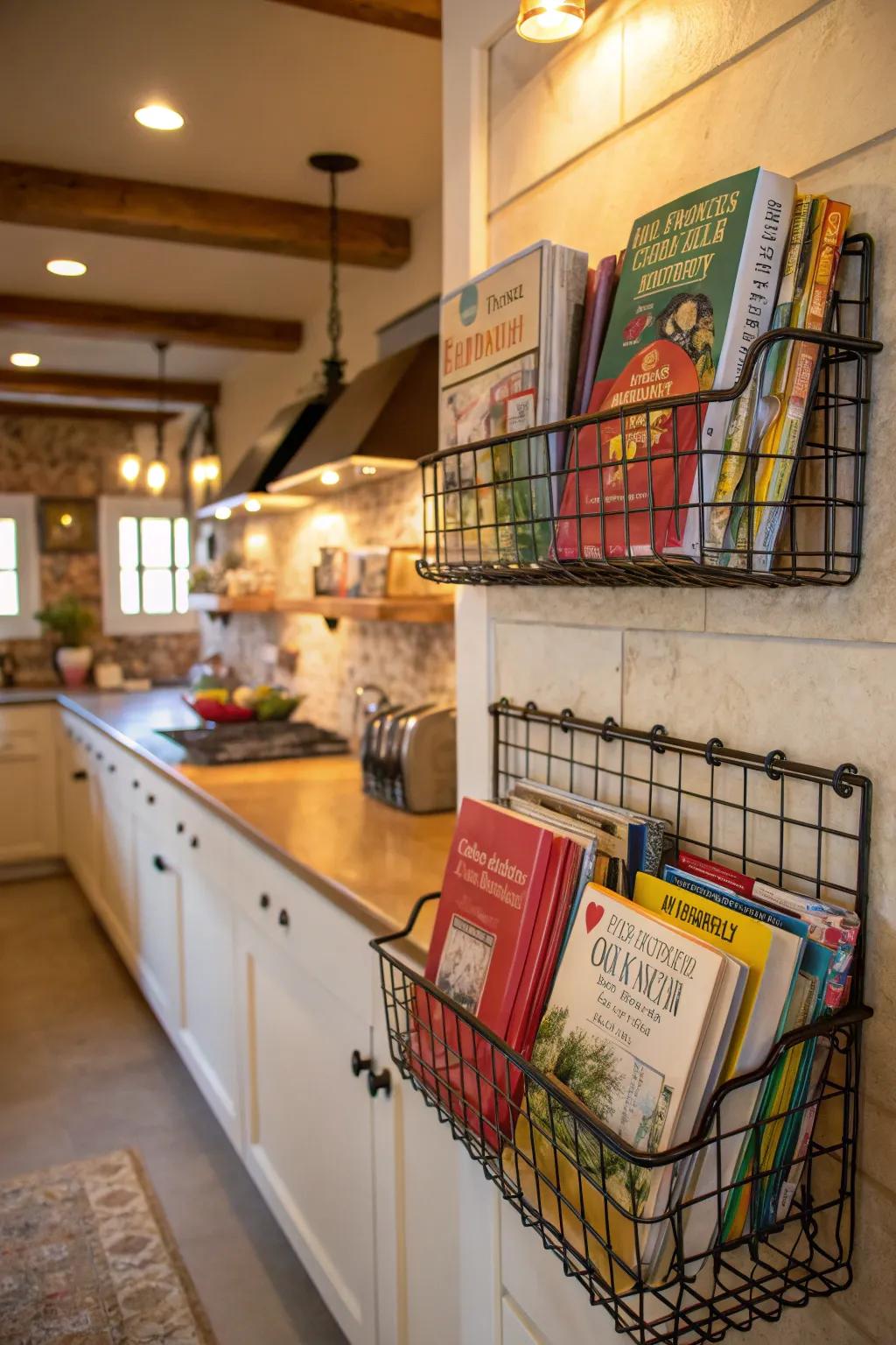 Wall-mounted wired bins contribute an industrial touch to cookbook storing.