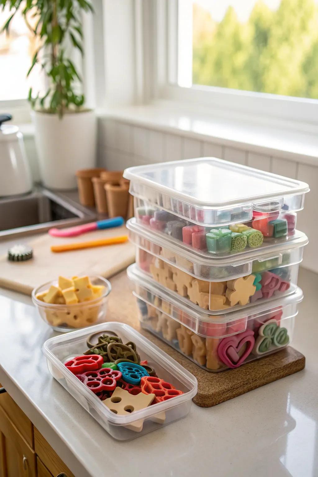 See-through stackable containers filled with cookie cutters for easy finding.