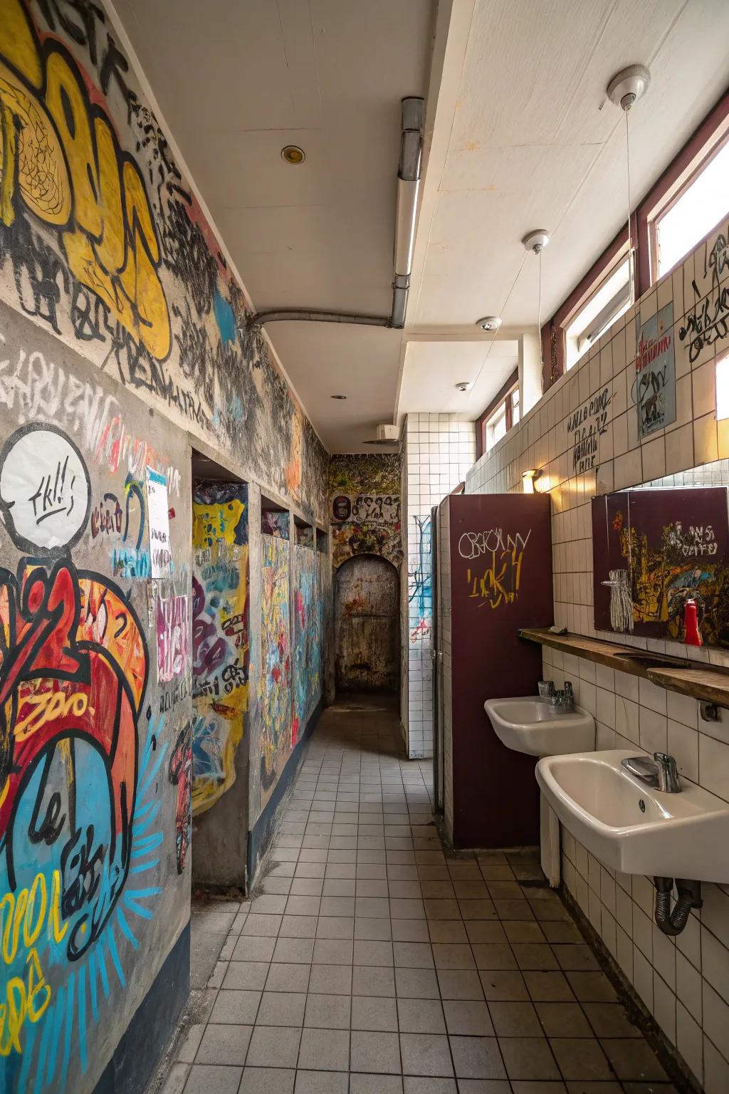 Incorporate a daring, urban atmosphere into your restroom with graffiti and street art.