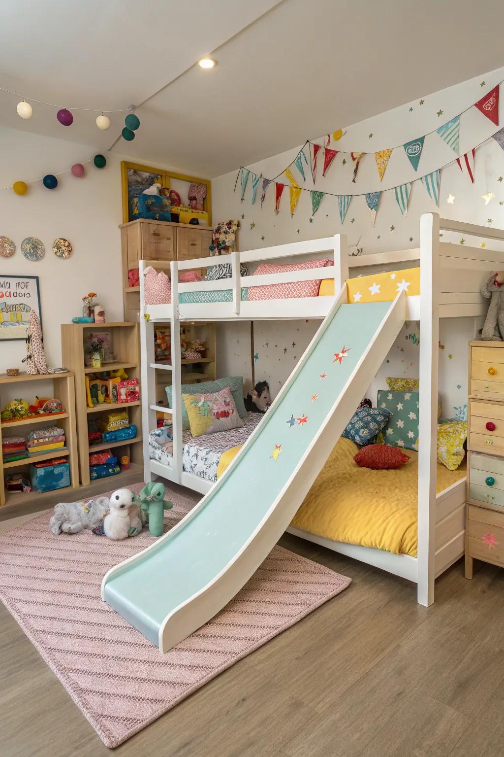 Bunk beds equipped with slides introduce a playful aspect to any child's area.