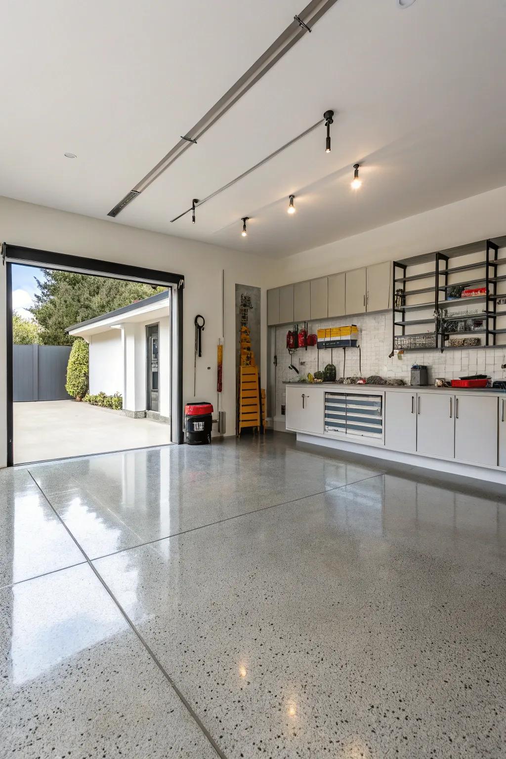 A minimalist garage featuring polished floors and refined storage options.