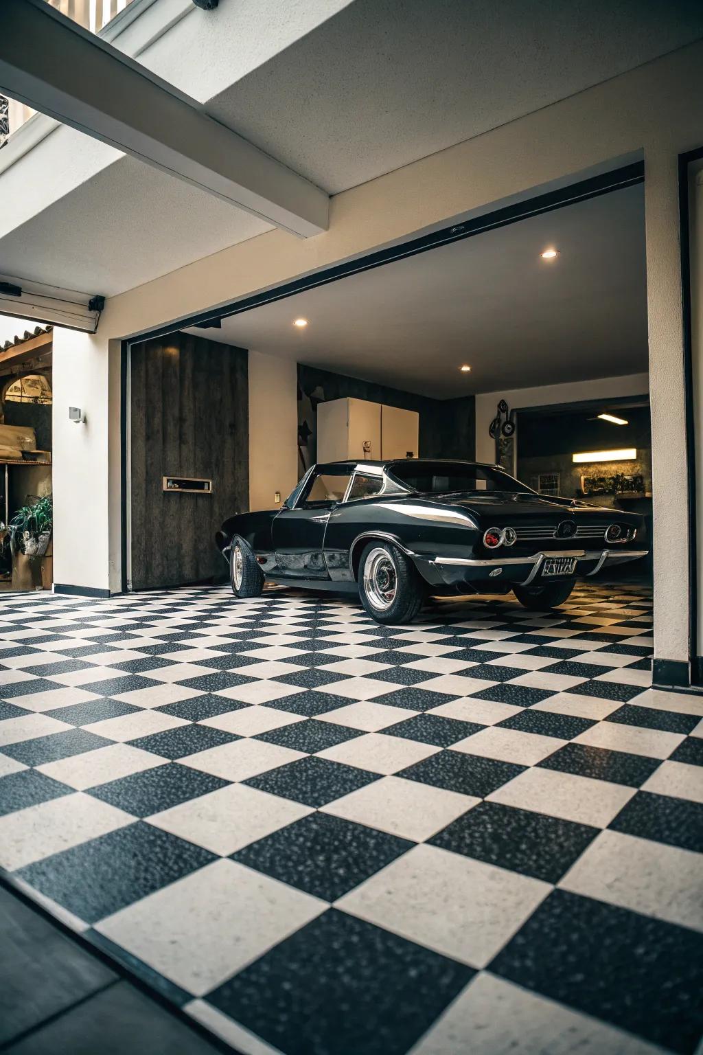 The quintessential monochrome checkered flooring radiates ageless sophistication.