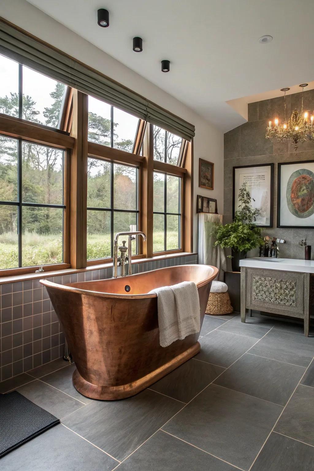 A copper soaking tub becomes a captivating focal point in any bathroom setting.