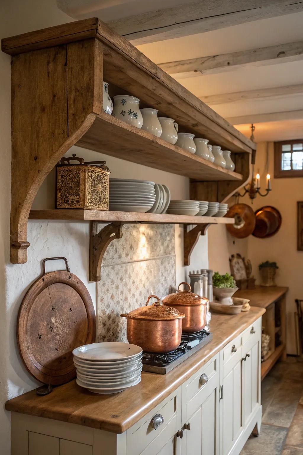 Wooden supports fashioned into a rustic exhibit in the kitchen.