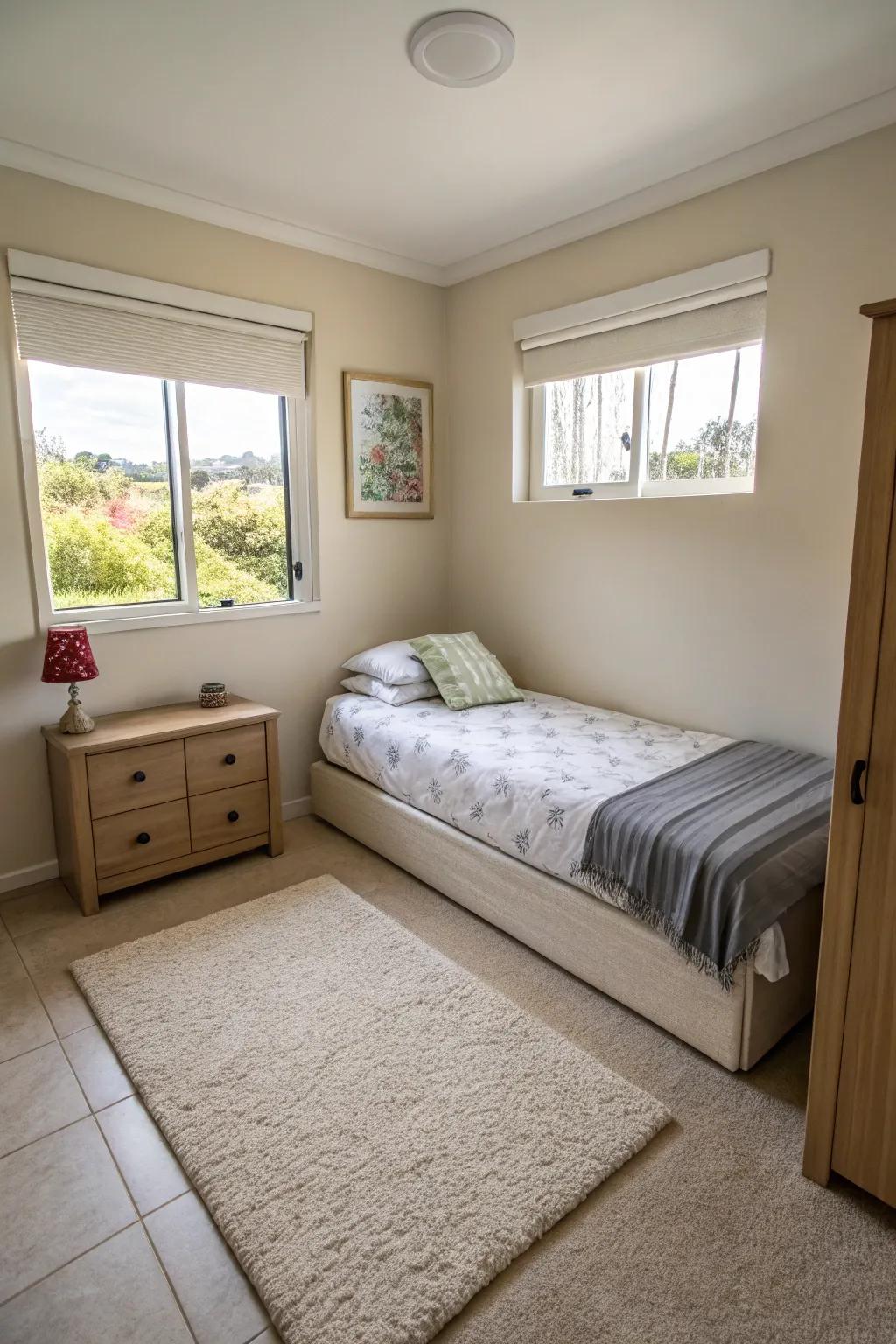 Positioning a bed in the corner maximizes open floor space, giving a spacious atmosphere.