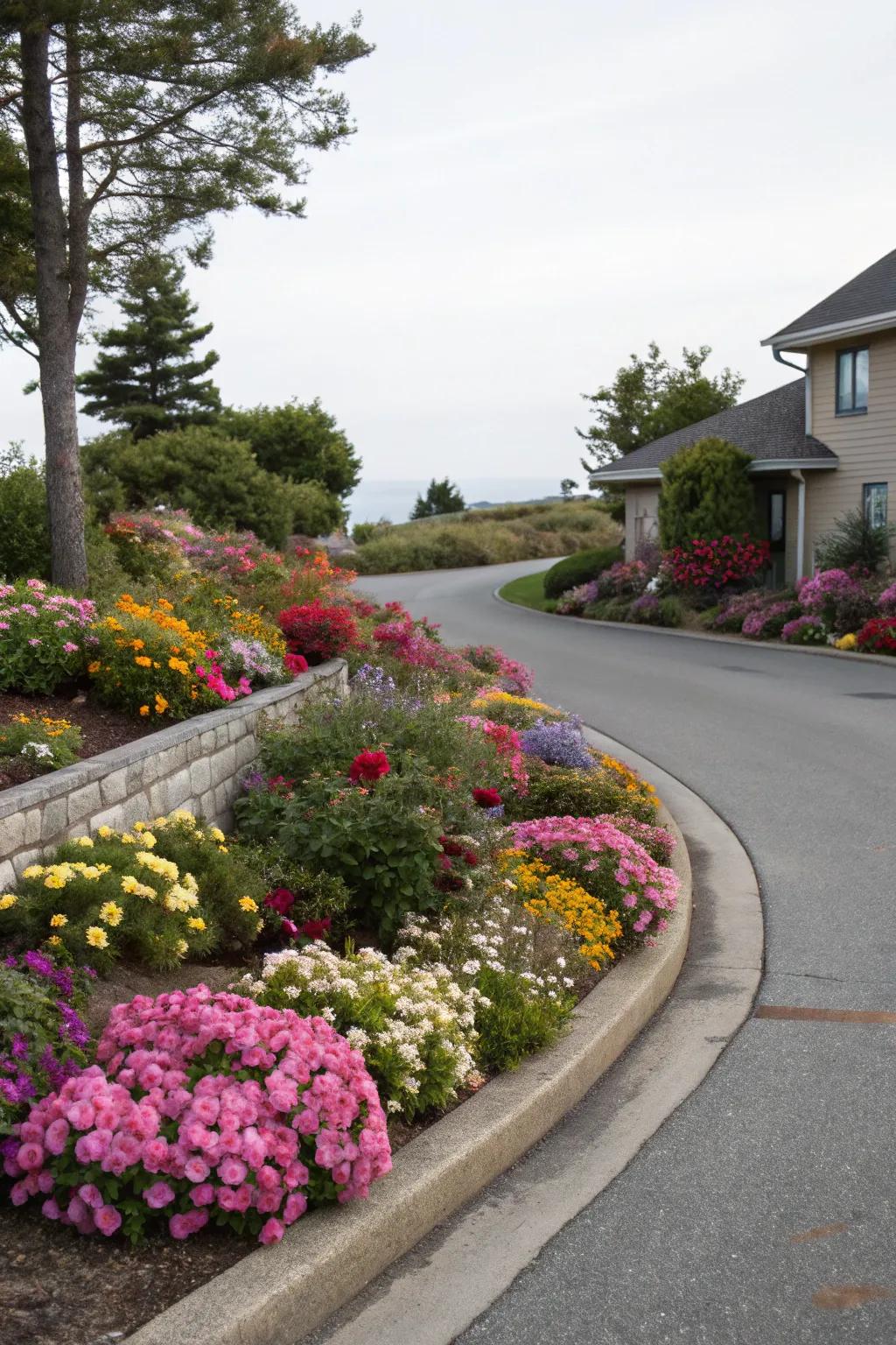 Vibrant and cheerful flower beds enhance the charm of a driveway corner.
