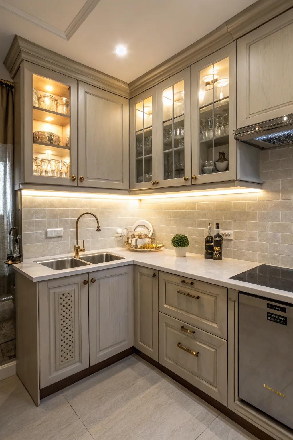 A well-organized kitchen showcasing a corner sink to maximize space.