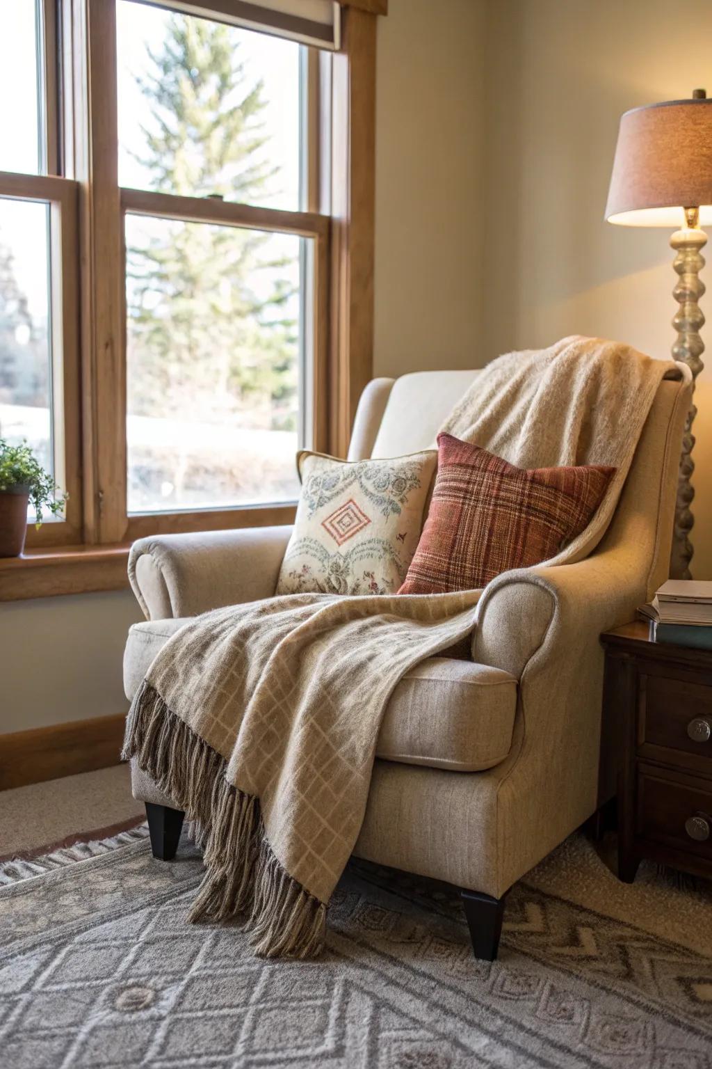 A comfy corner with seating welcomes you to unwind with a book and some tea.