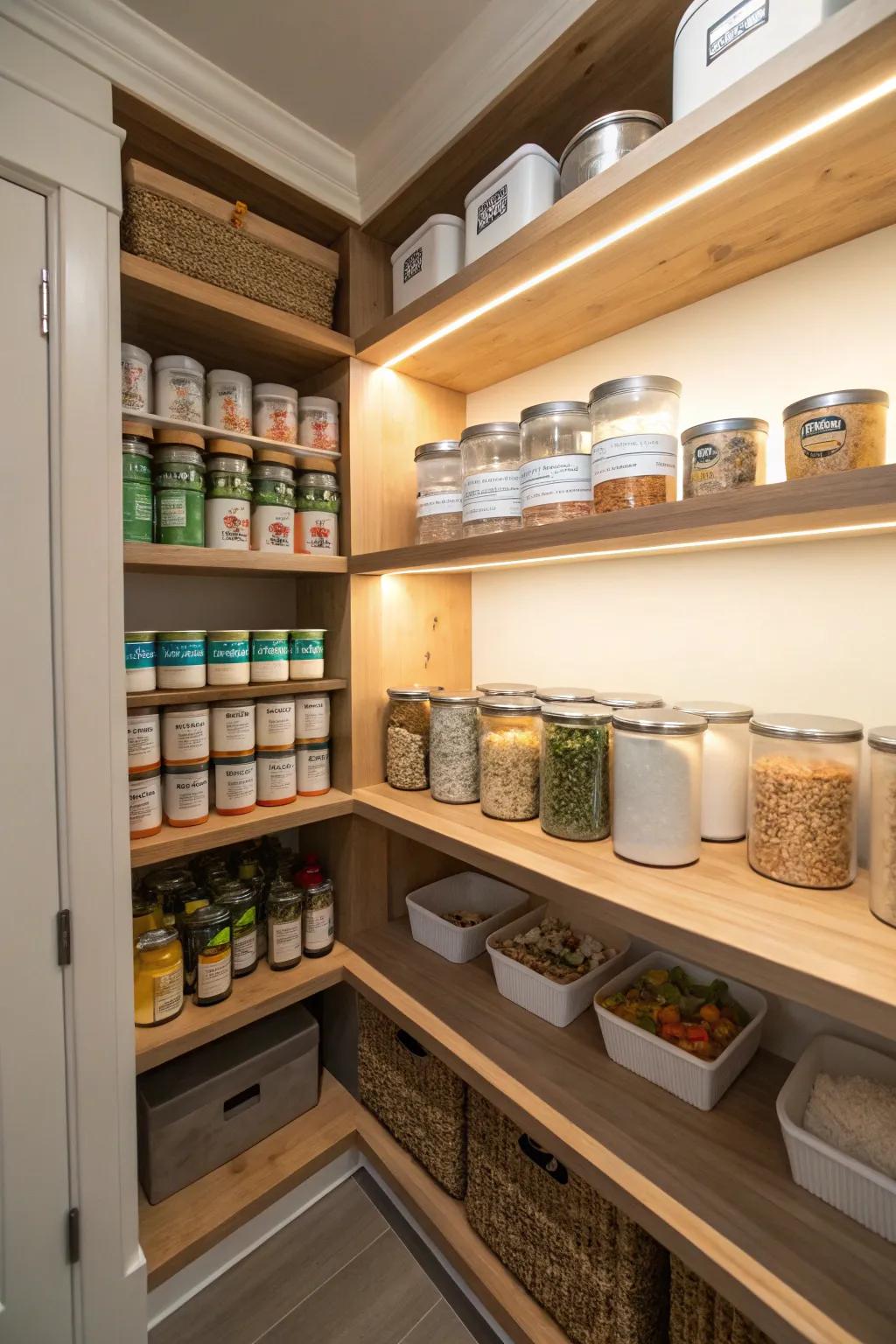 An angled corner pantry maximizes storage options.