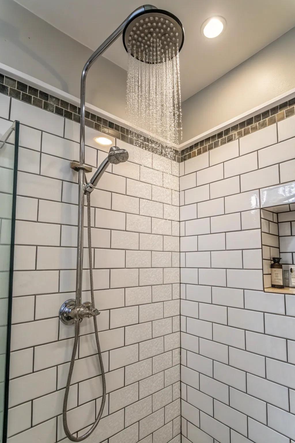 White subway tiles impart ageless beauty to your corner shower.