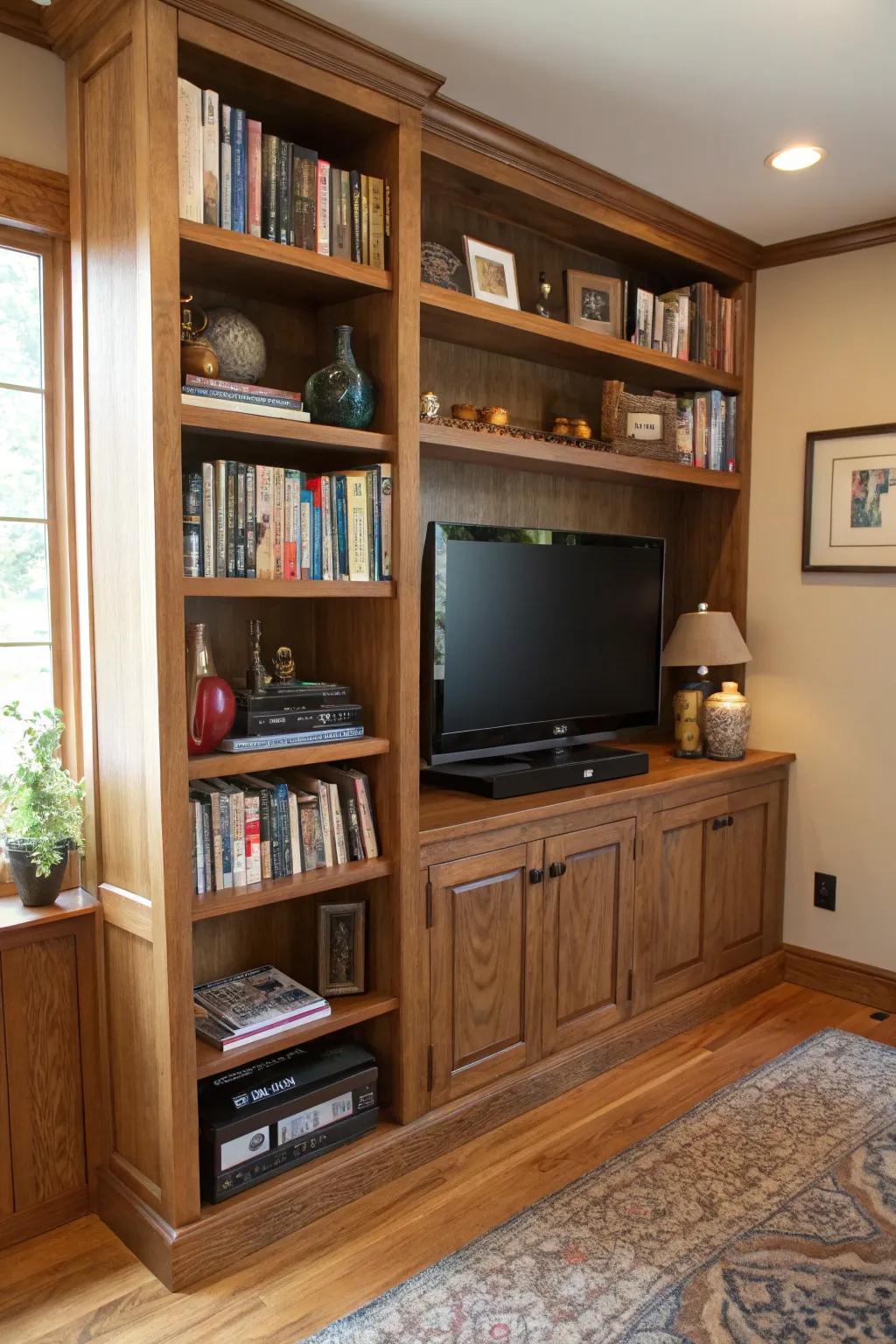 Built-in shelves enveloping the TV provide a harmonious combination of storage and visual appeal.