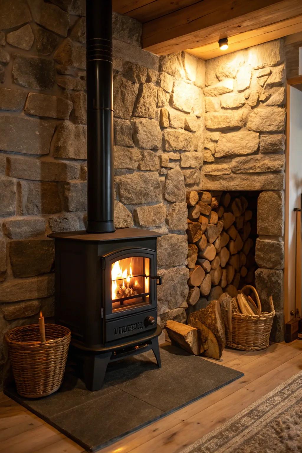 Natural stone finishes fashion a warm, countryside ambiance surrounding your heat source.