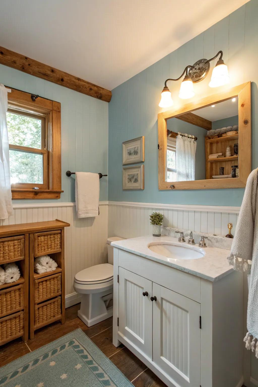 A peaceful cottage bathroom featuring soft blue walls