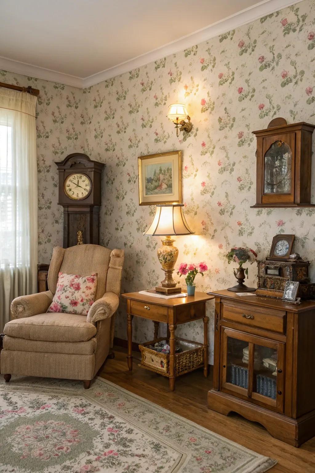 A charming living room where botanical designs and weathered features beautifully come together.
