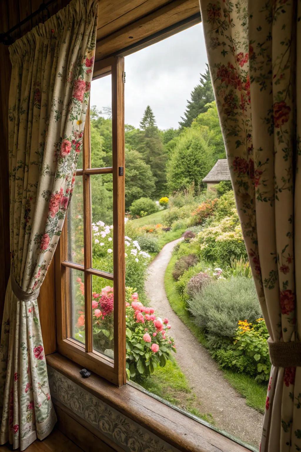 Floral print curtains infuse garden-inspired charm into your cottage decor.