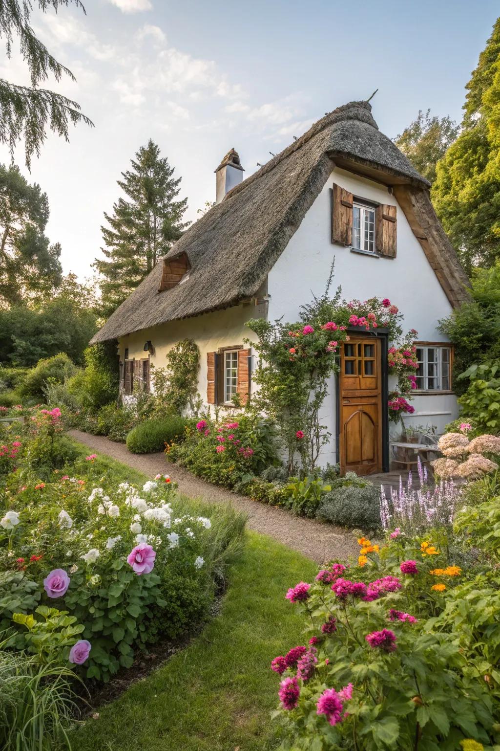A thriving garden breathes life and allure into any cottage facade.