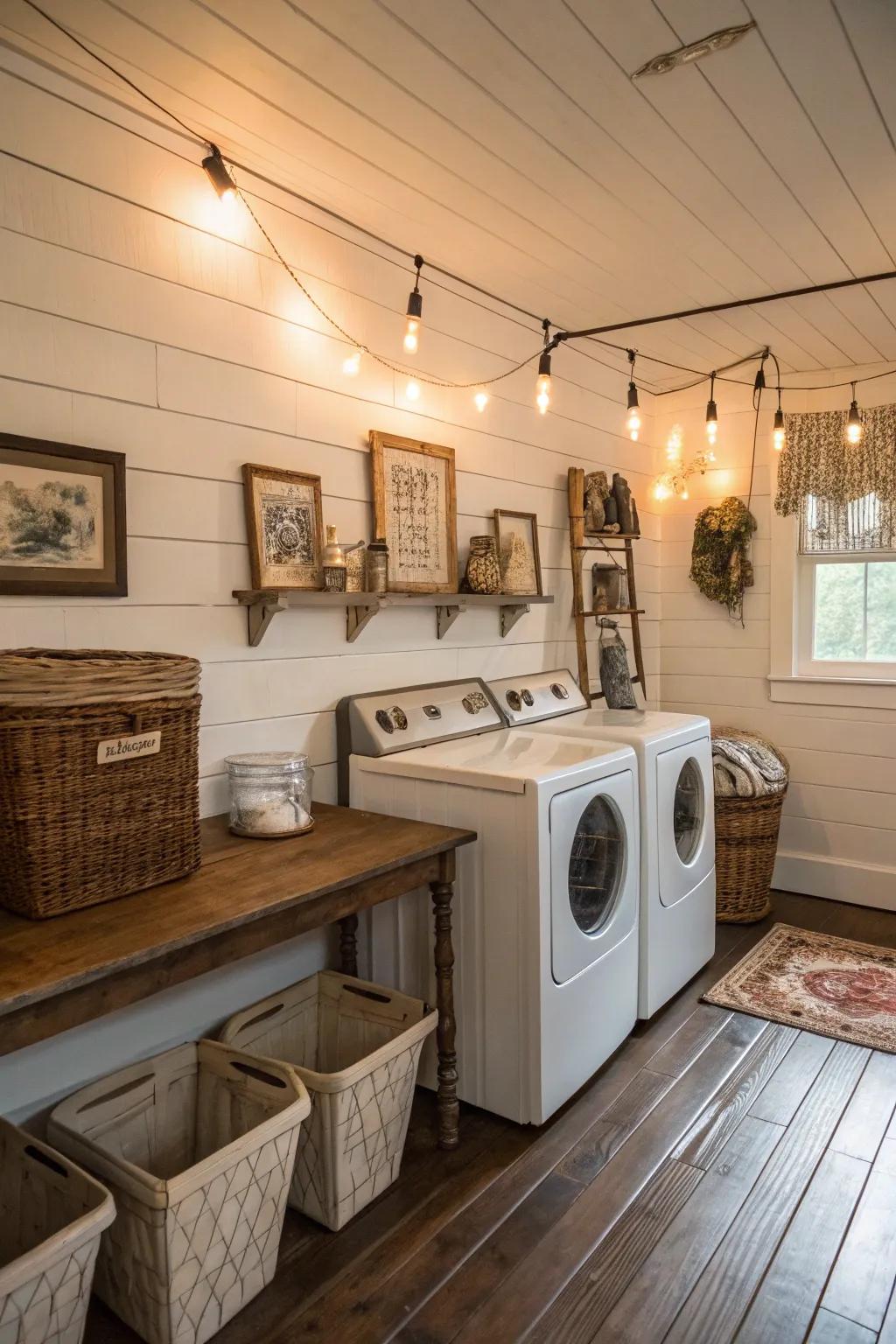 Plank walls introduce an enduring, rustic appeal to any laundry space.