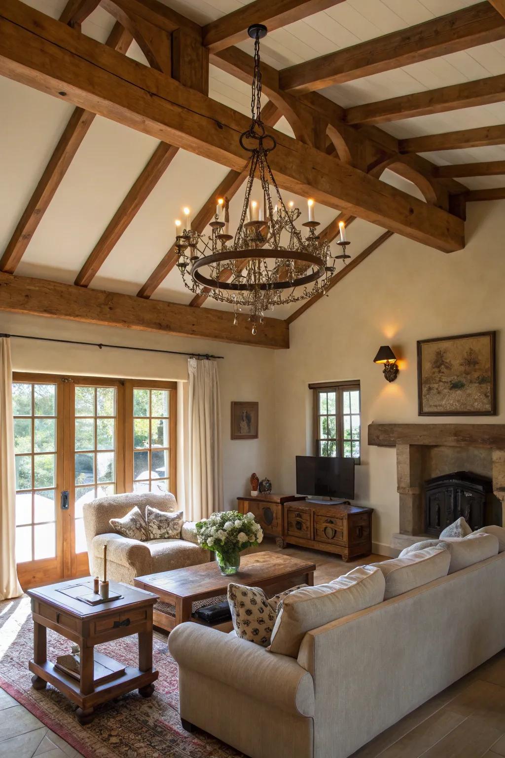 Exposed wooden supports add a country charm to the living area.
