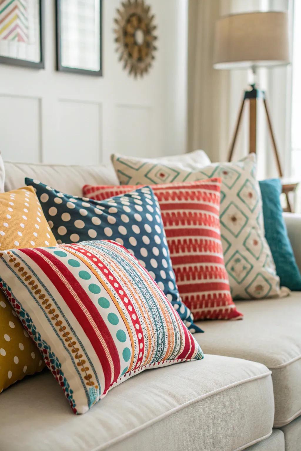 An exciting blend of patterned cushions enhances the sofa’s appeal.