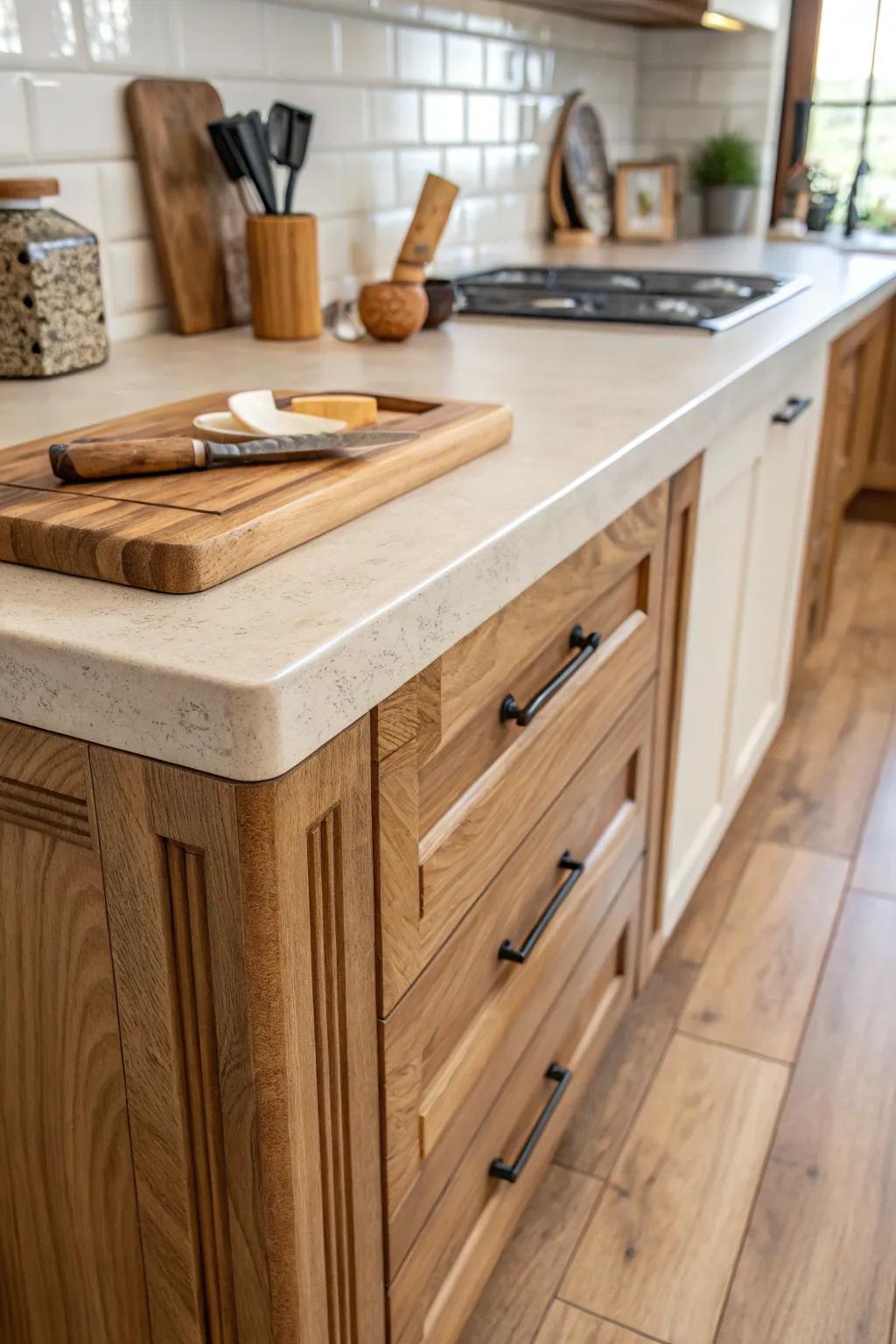 Cozy wooden end caps enhancing the kitchen’s organic charm.