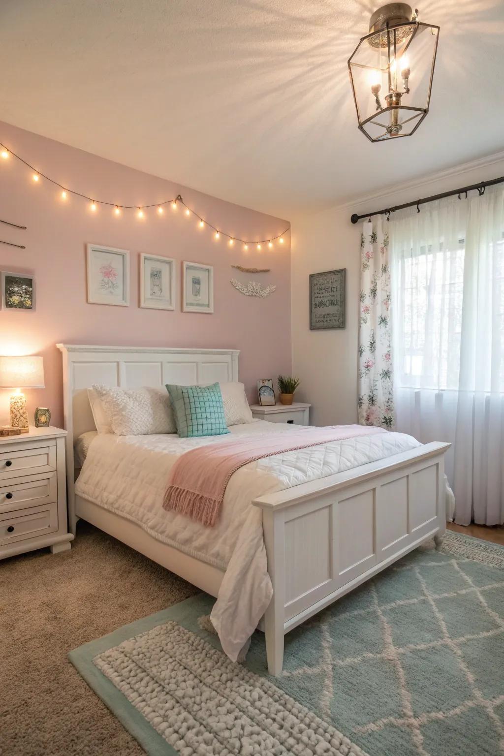 A bedroom highlighted with delicate shades, crafting a peaceful setting.