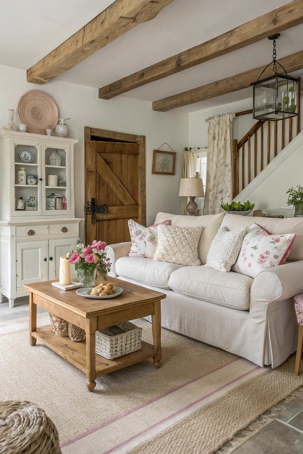 A country cottage lounge area showcasing a neutral color scheme.